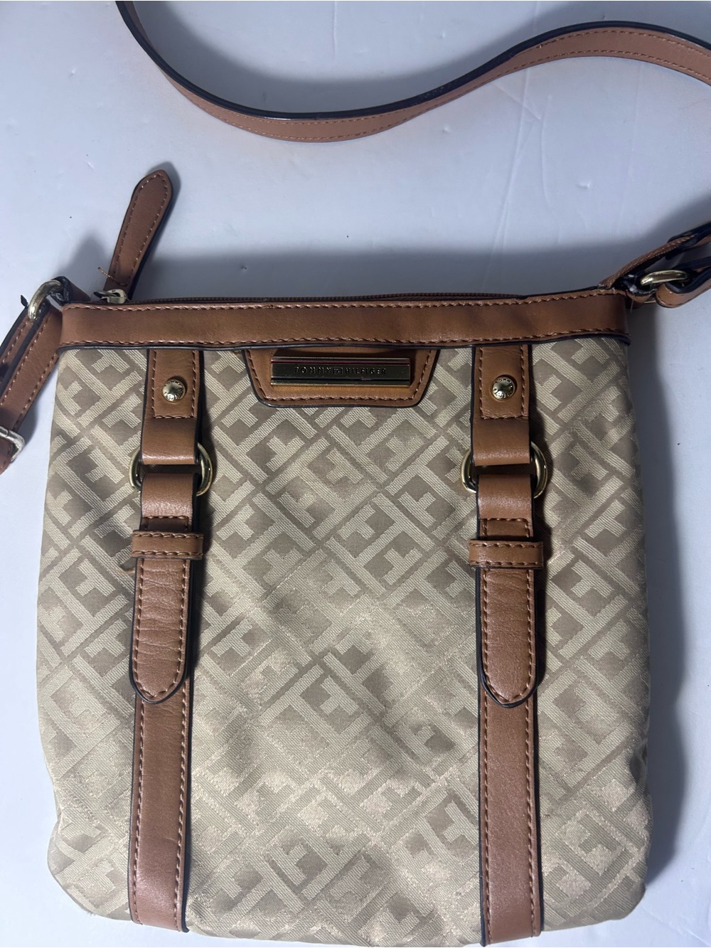 Tommy Hilfiger Beige and Brown Logo Crossbody Messenger